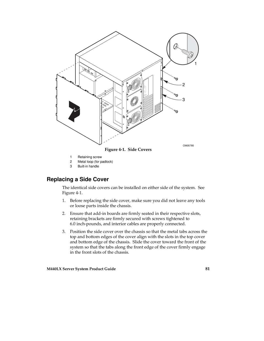 Intel MB440LX manual Replacing a Side Cover, Side Covers 