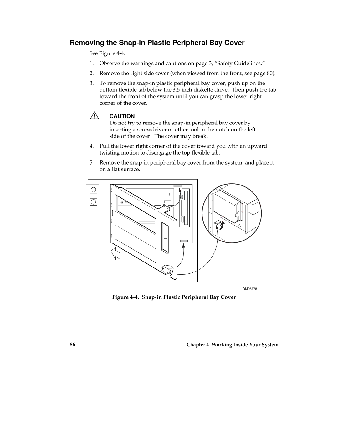 Intel MB440LX manual Removing the Snap-in Plastic Peripheral Bay Cover 