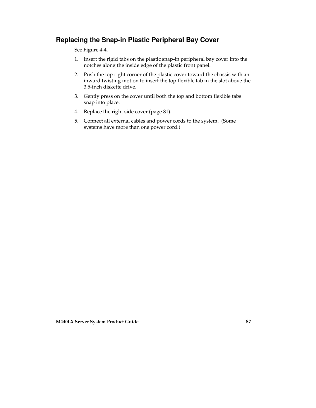 Intel MB440LX manual Replacing the Snap-in Plastic Peripheral Bay Cover 