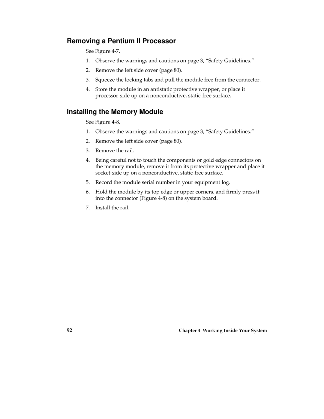 Intel MB440LX manual Removing a Pentium II Processor, Installing the Memory Module 