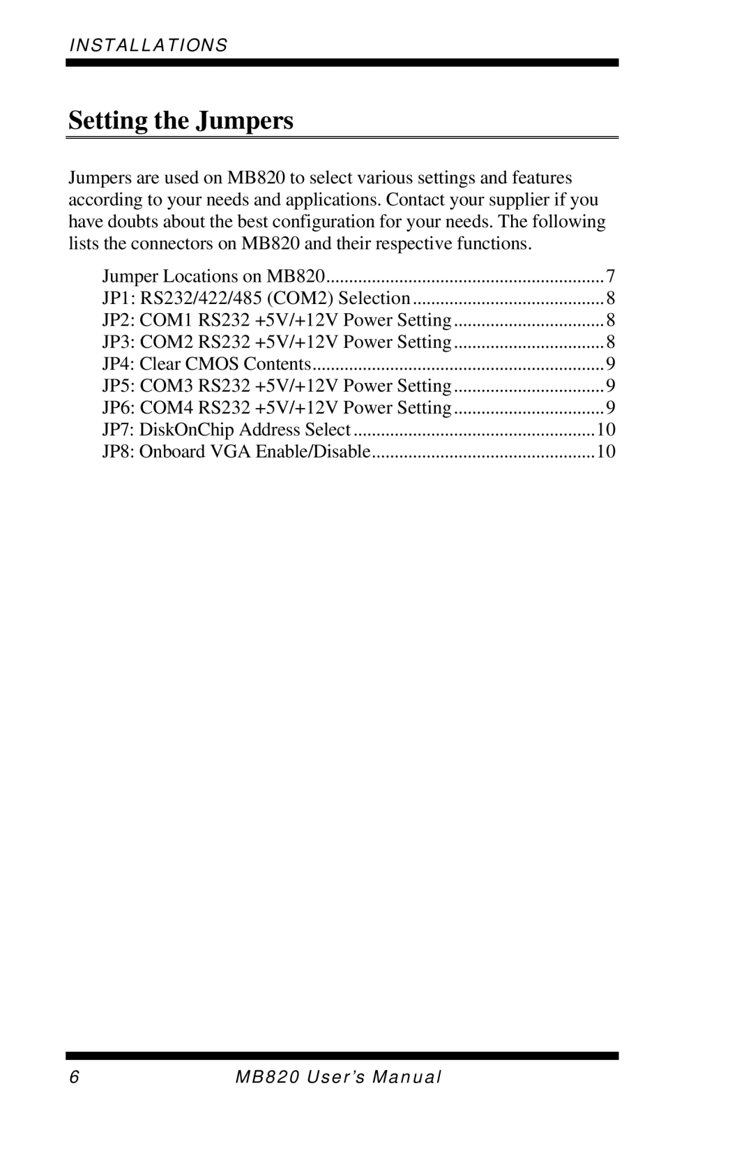 Intel MB820 user manual Setting the Jumpers 