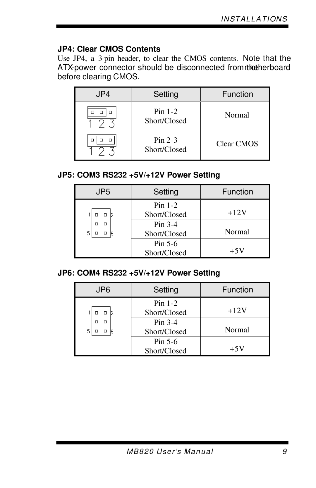 Intel MB820 JP4 Clear Cmos Contents, JP5 COM3 RS232 +5V/+12V Power Setting, JP6 COM4 RS232 +5V/+12V Power Setting 