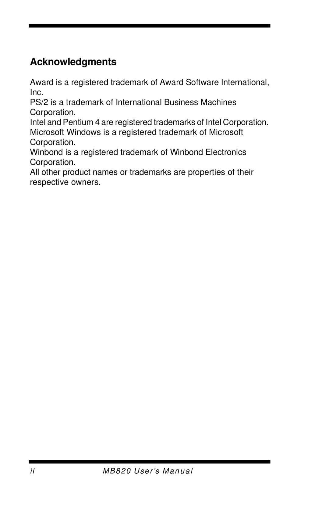 Intel MB820 user manual Acknowledgments 