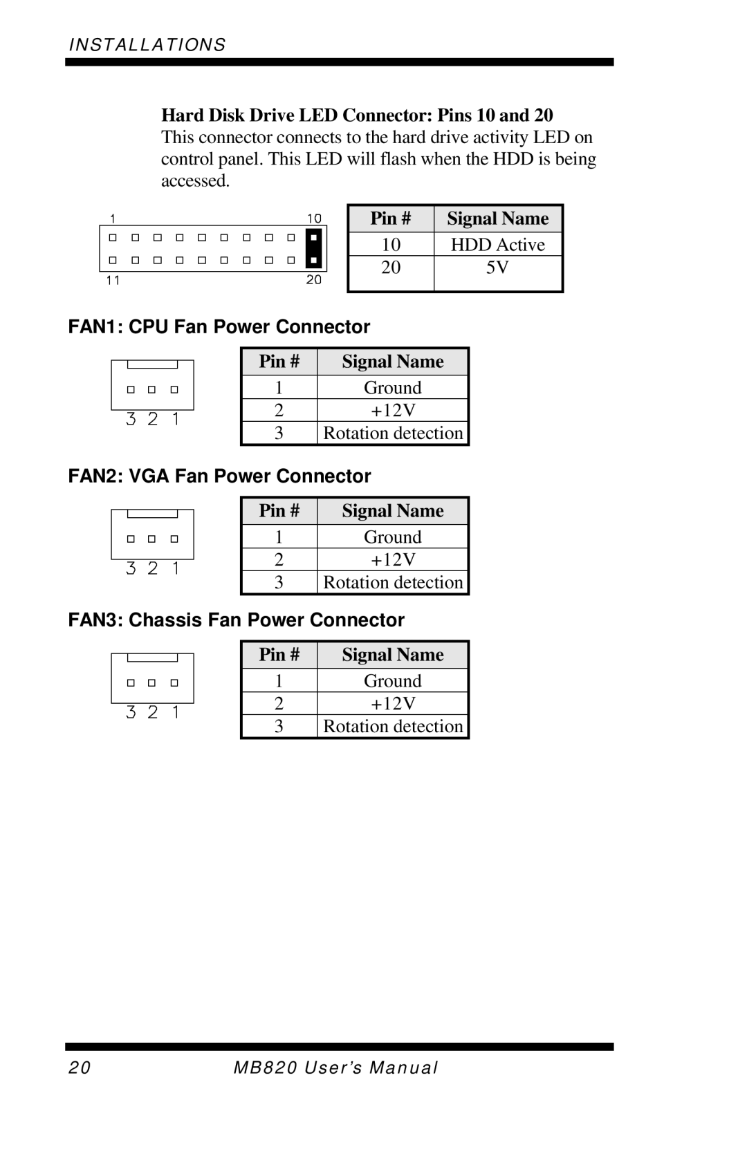 Intel MB820 user manual FAN1 CPU Fan Power Connector, FAN2 VGA Fan Power Connector, FAN3 Chassis Fan Power Connector 