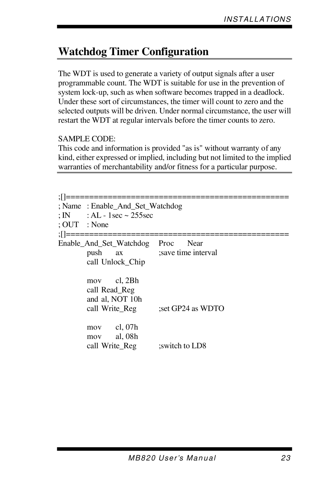 Intel MB820 user manual Watchdog Timer Configuration, Sample Code 