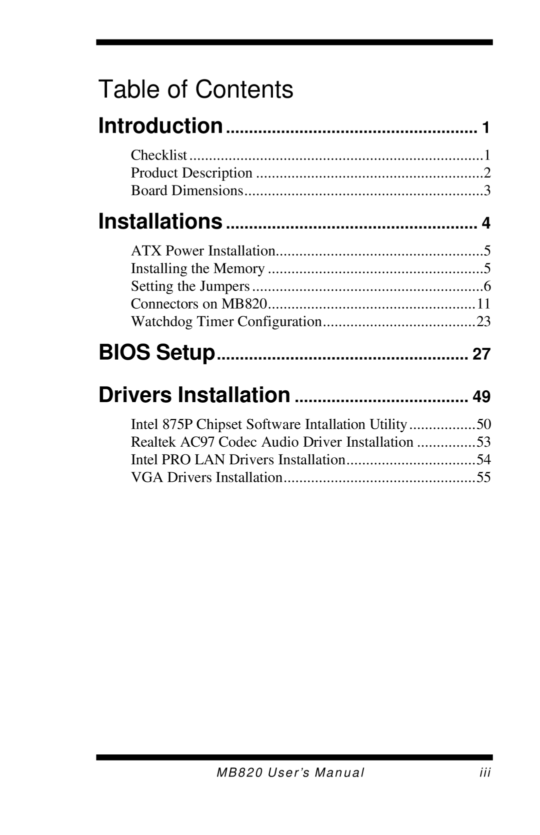 Intel MB820 user manual Table of Contents 