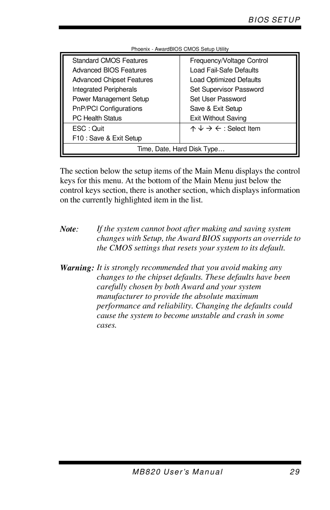 Intel MB820 user manual Phoenix AwardBIOS Cmos Setup Utility 