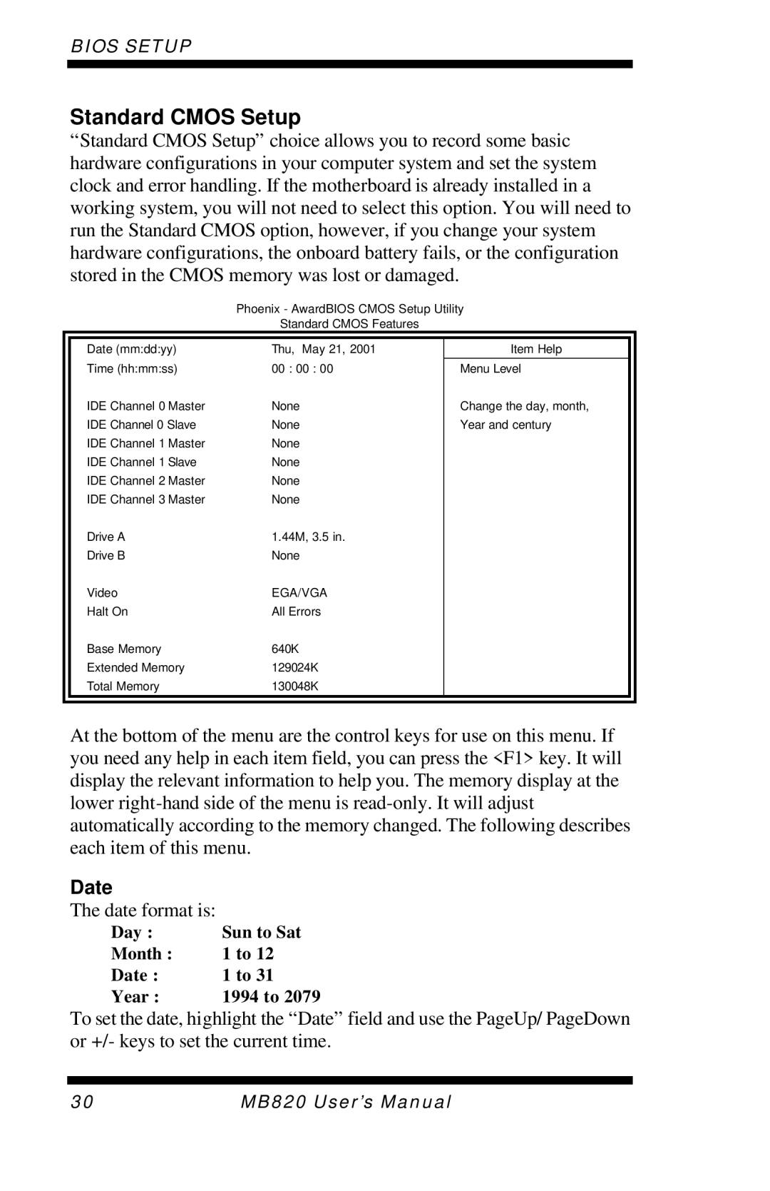 Intel MB820 user manual Standard Cmos Setup, Date 