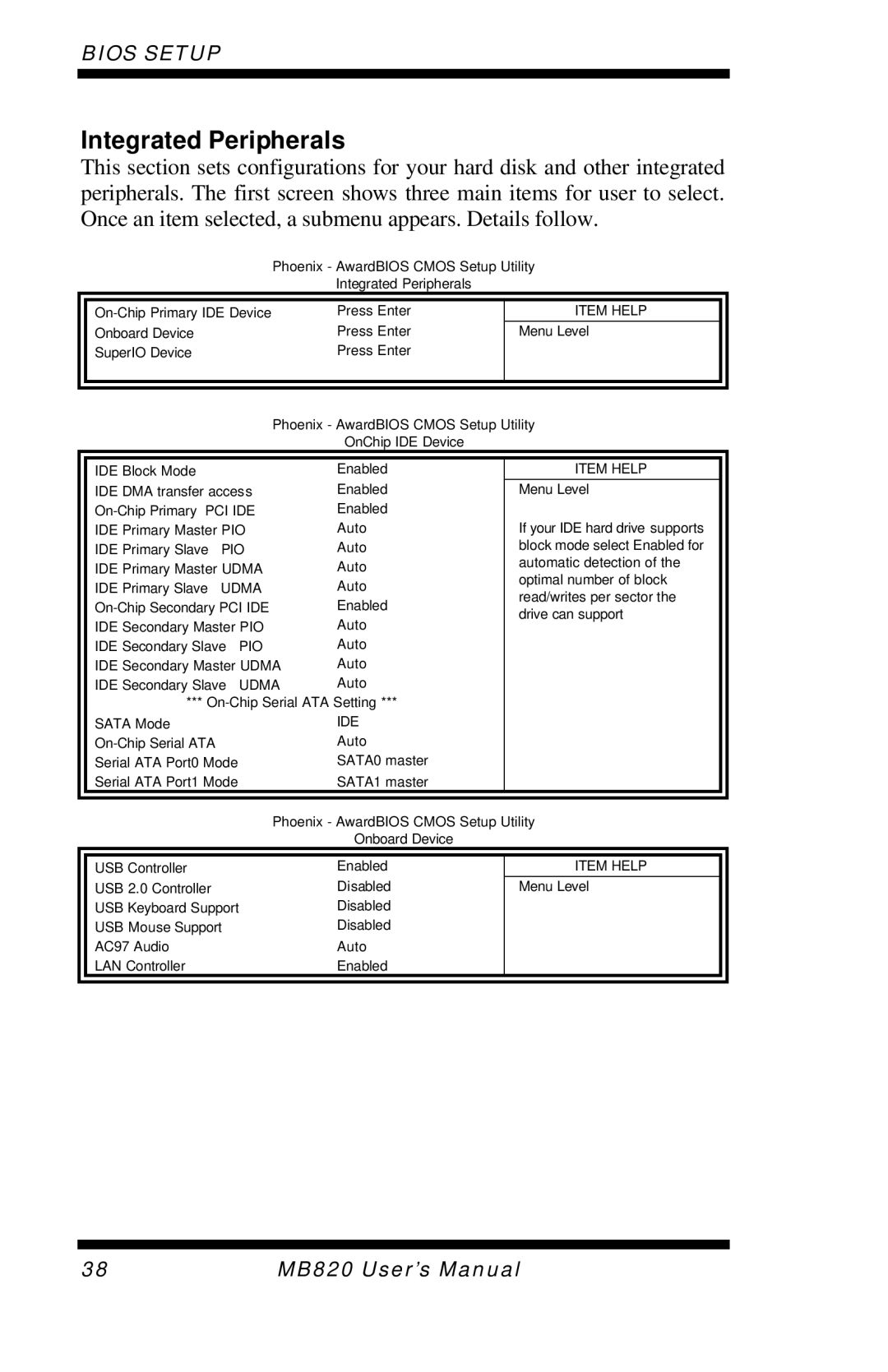 Intel MB820 user manual Integrated Peripherals, Ide 