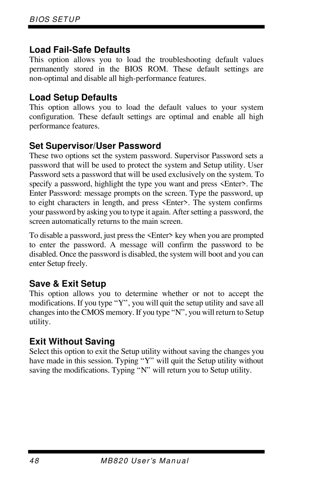 Intel MB820 user manual Load Fail-Safe Defaults, Load Setup Defaults, Set Supervisor/User Password, Save & Exit Setup 