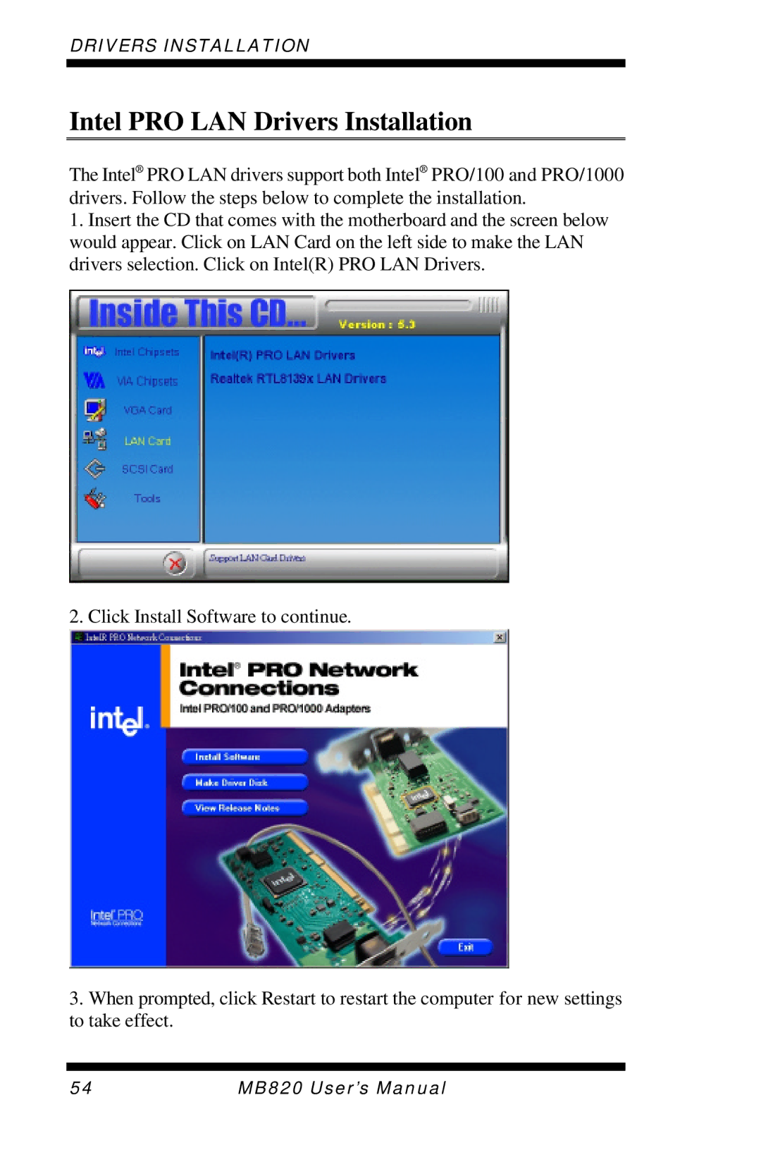 Intel MB820 user manual Intel PRO LAN Drivers Installation 