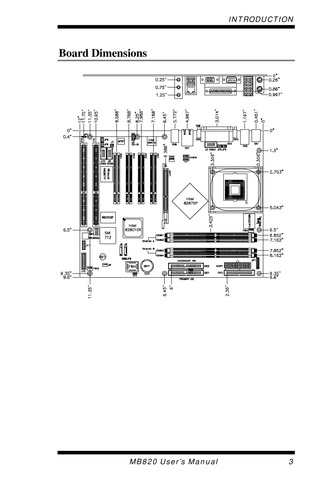 Intel MB820 user manual Board Dimensions 