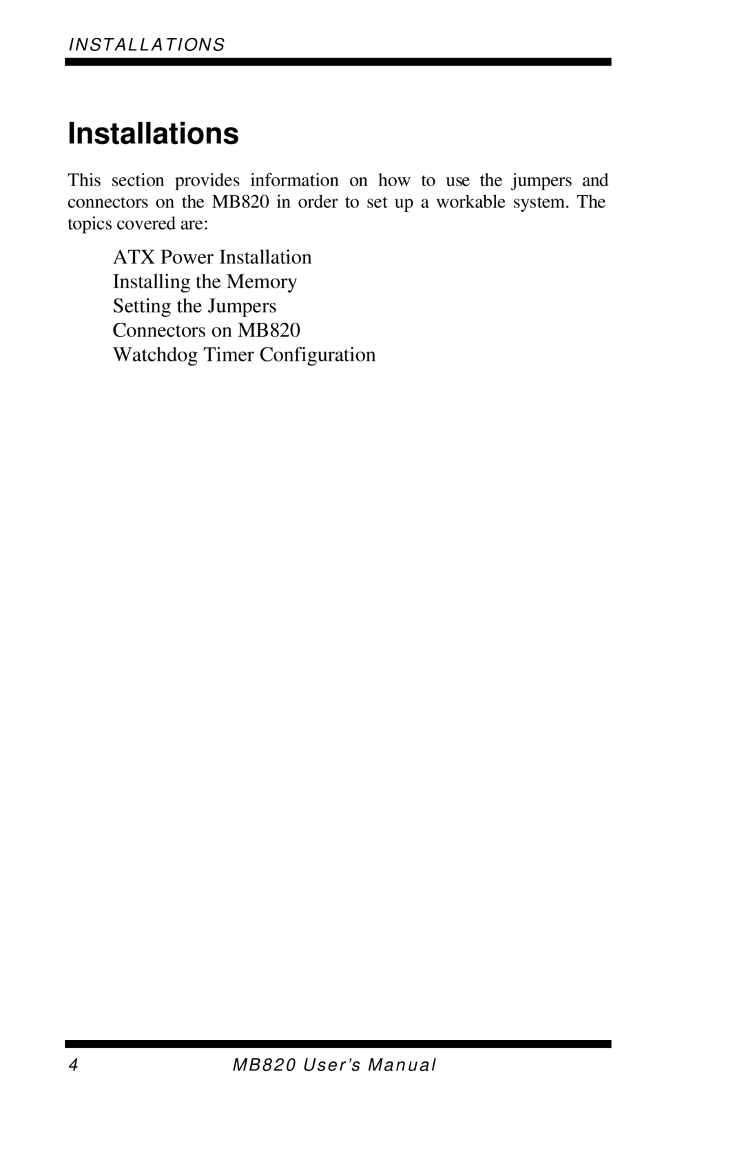 Intel MB820 user manual Installations 