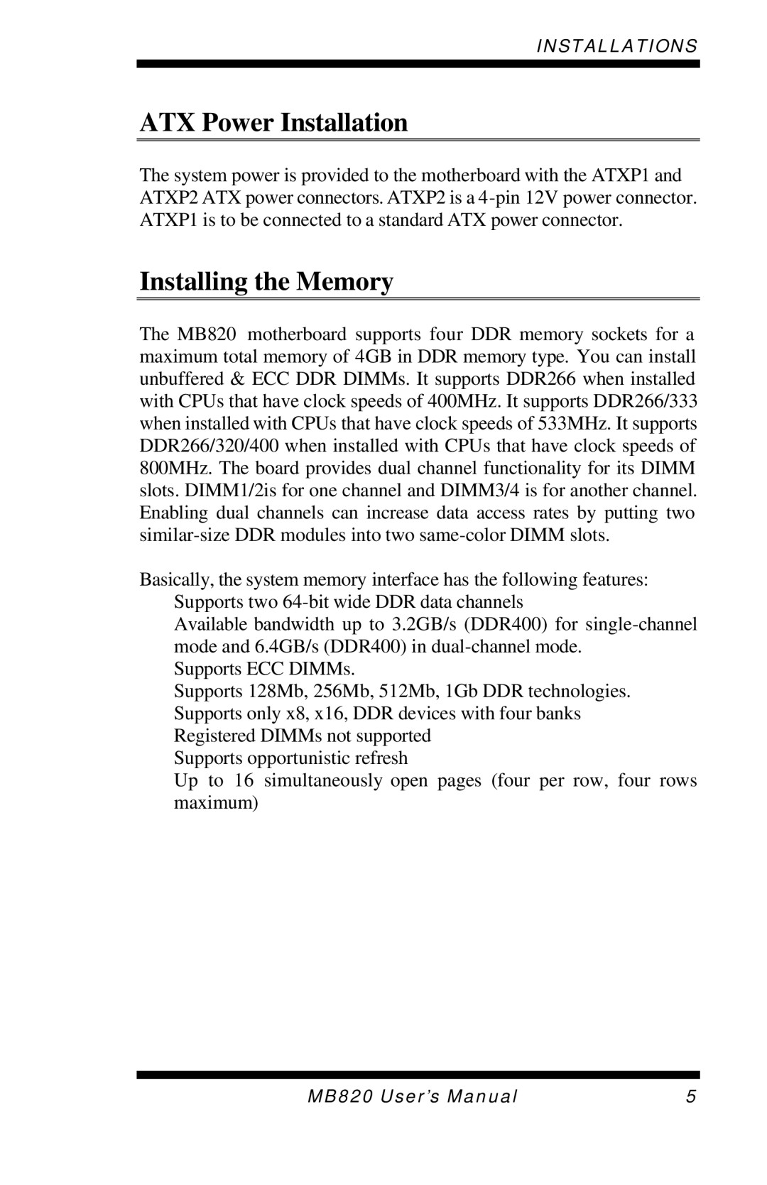 Intel MB820 user manual ATX Power Installation, Installing the Memory 