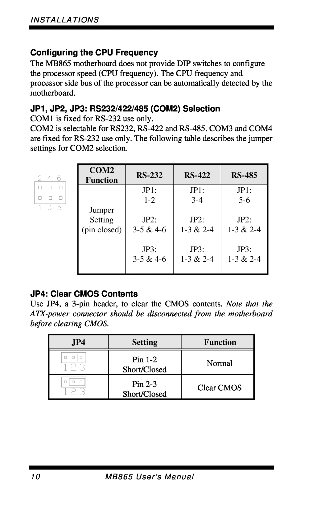 Intel MB865 Configuring the CPU Frequency, COM2, RS-232, Function, RS-422, RS-485, JP4 Clear CMOS Contents, Setting 