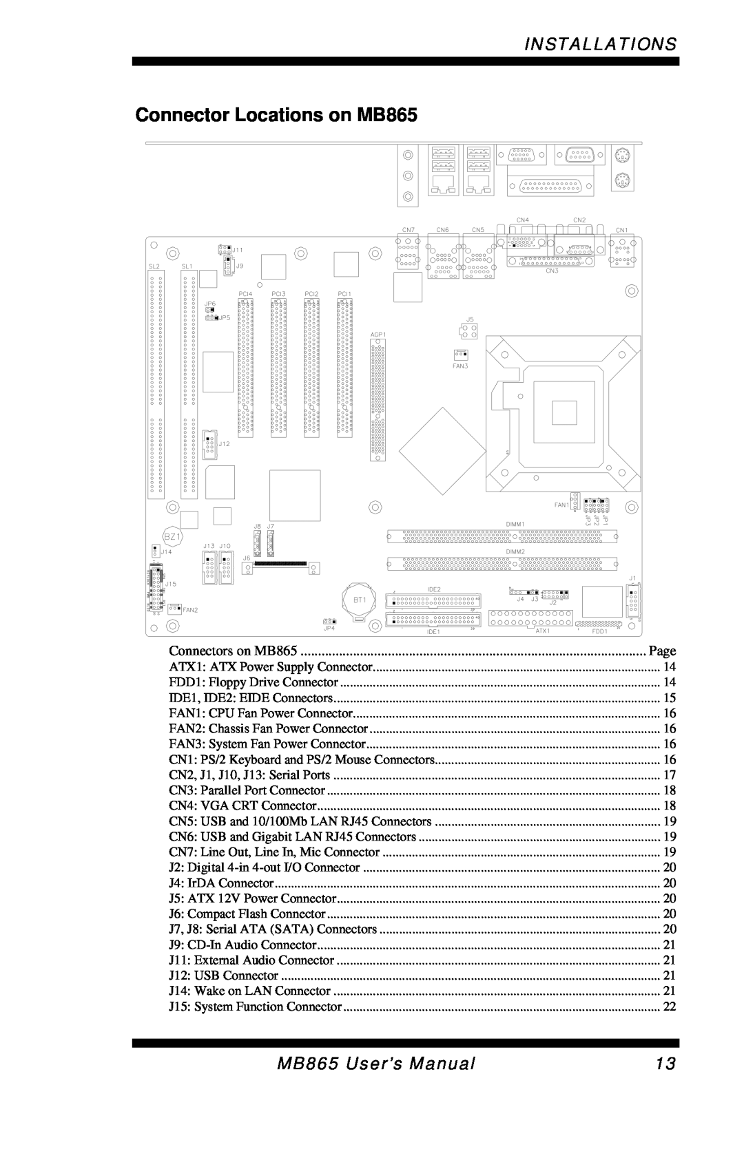 Intel user manual Connector Locations on MB865, Installations 