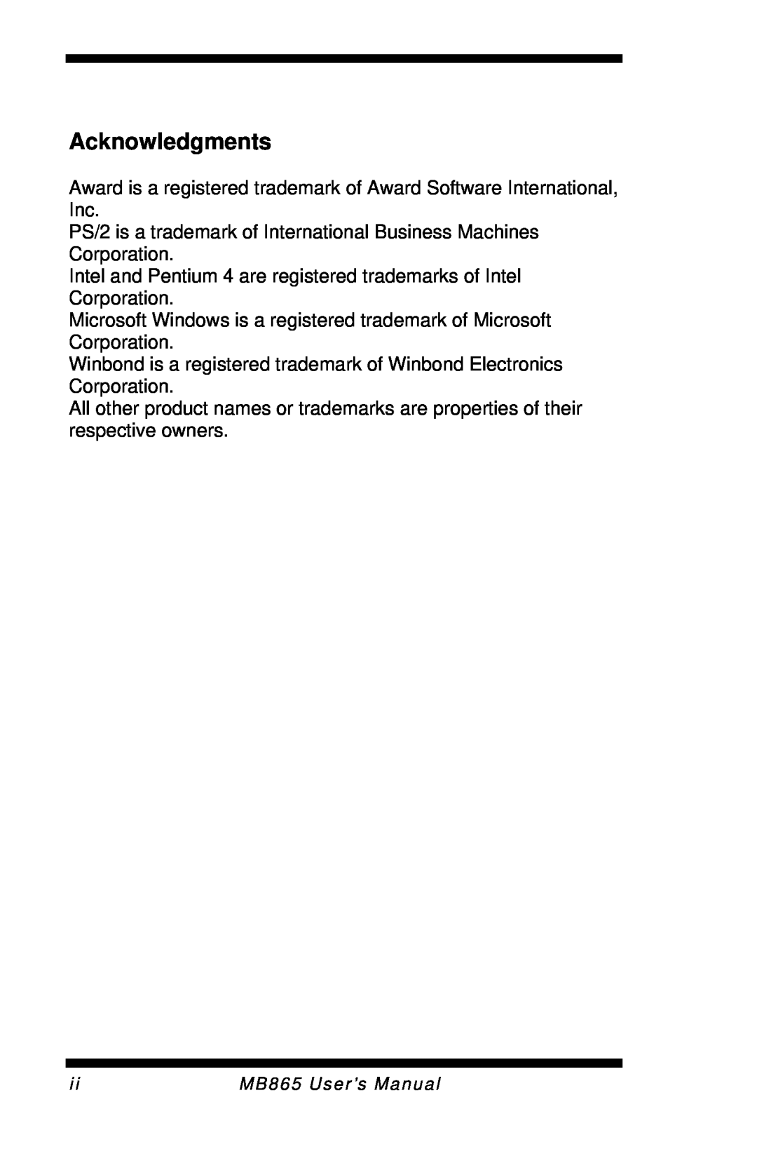 Intel MB865 user manual Acknowledgments 