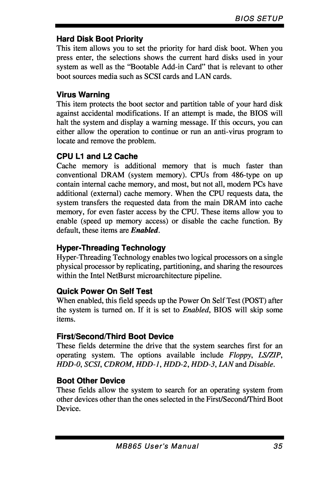 Intel MB865 Hard Disk Boot Priority, Virus Warning, CPU L1 and L2 Cache, Hyper-ThreadingTechnology, Boot Other Device 