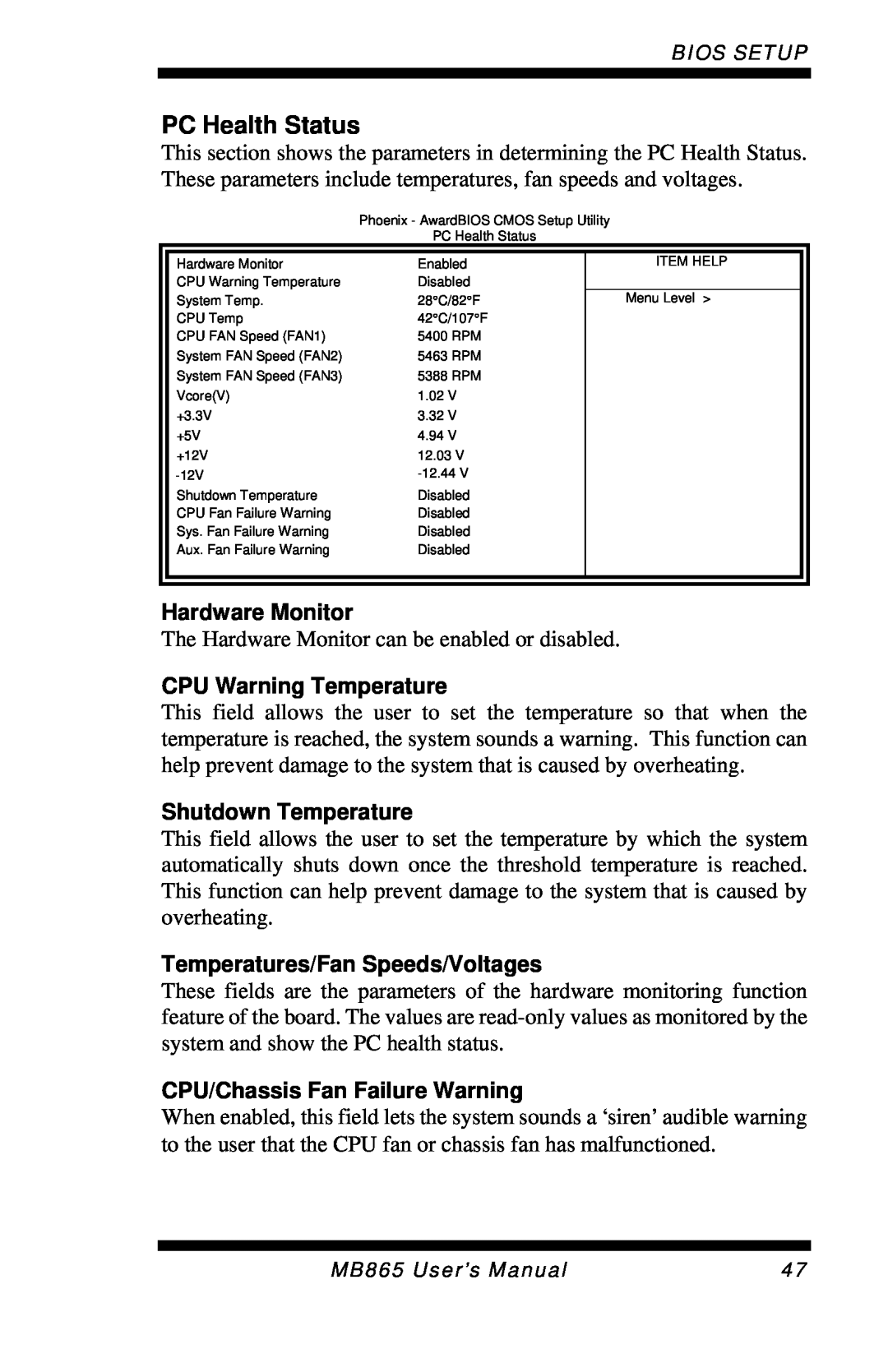 Intel MB865 user manual PC Health Status, Hardware Monitor, CPU Warning Temperature, Shutdown Temperature 