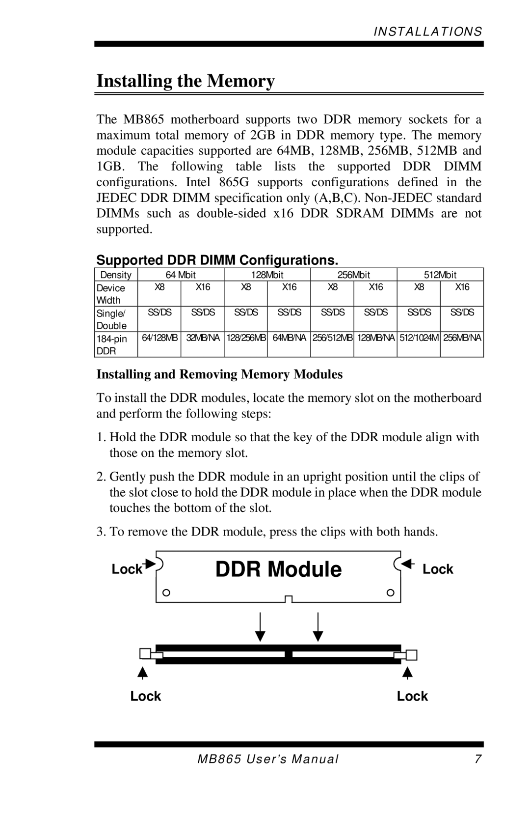 Intel MB865 user manual Installing the Memory, Supported DDR Dimm Configurations, Lock 