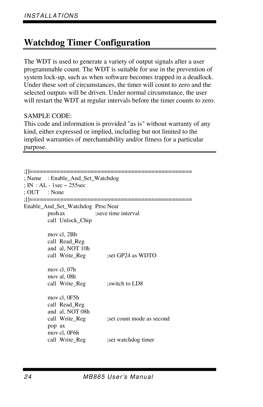 Intel MB865 user manual Watchdog Timer Configuration, Sample Code 