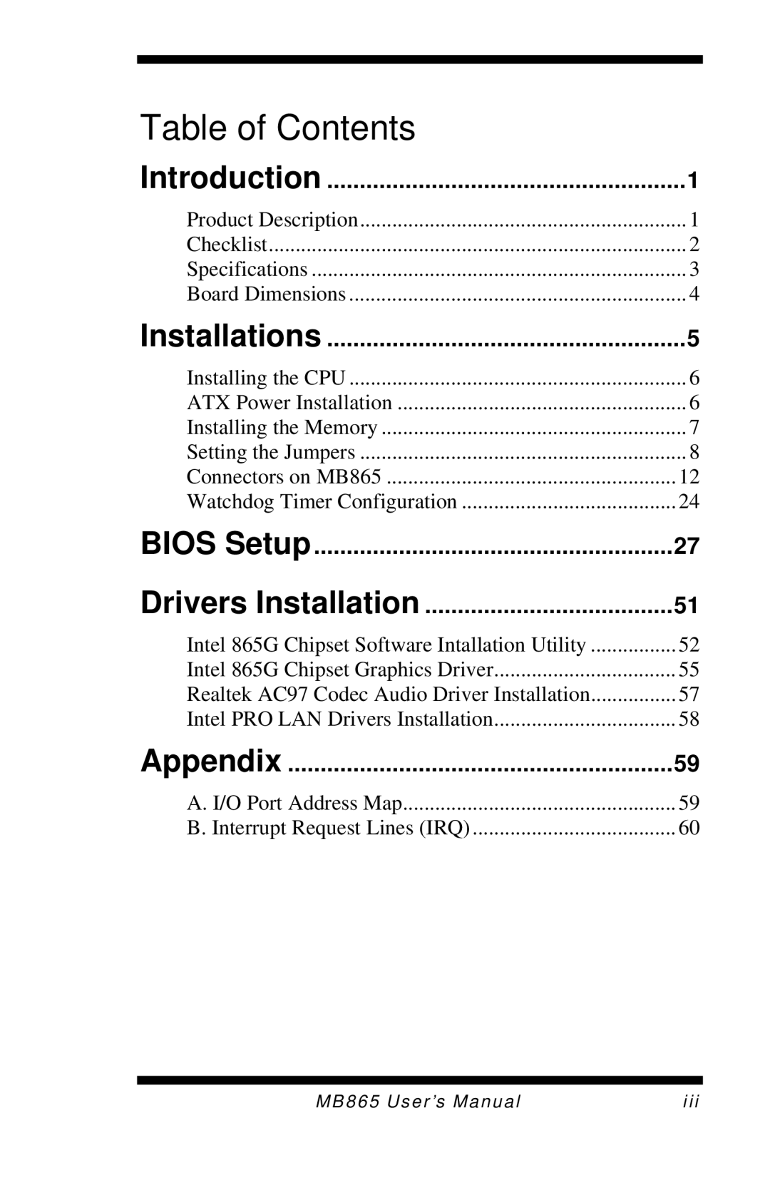 Intel MB865 user manual Table of Contents 