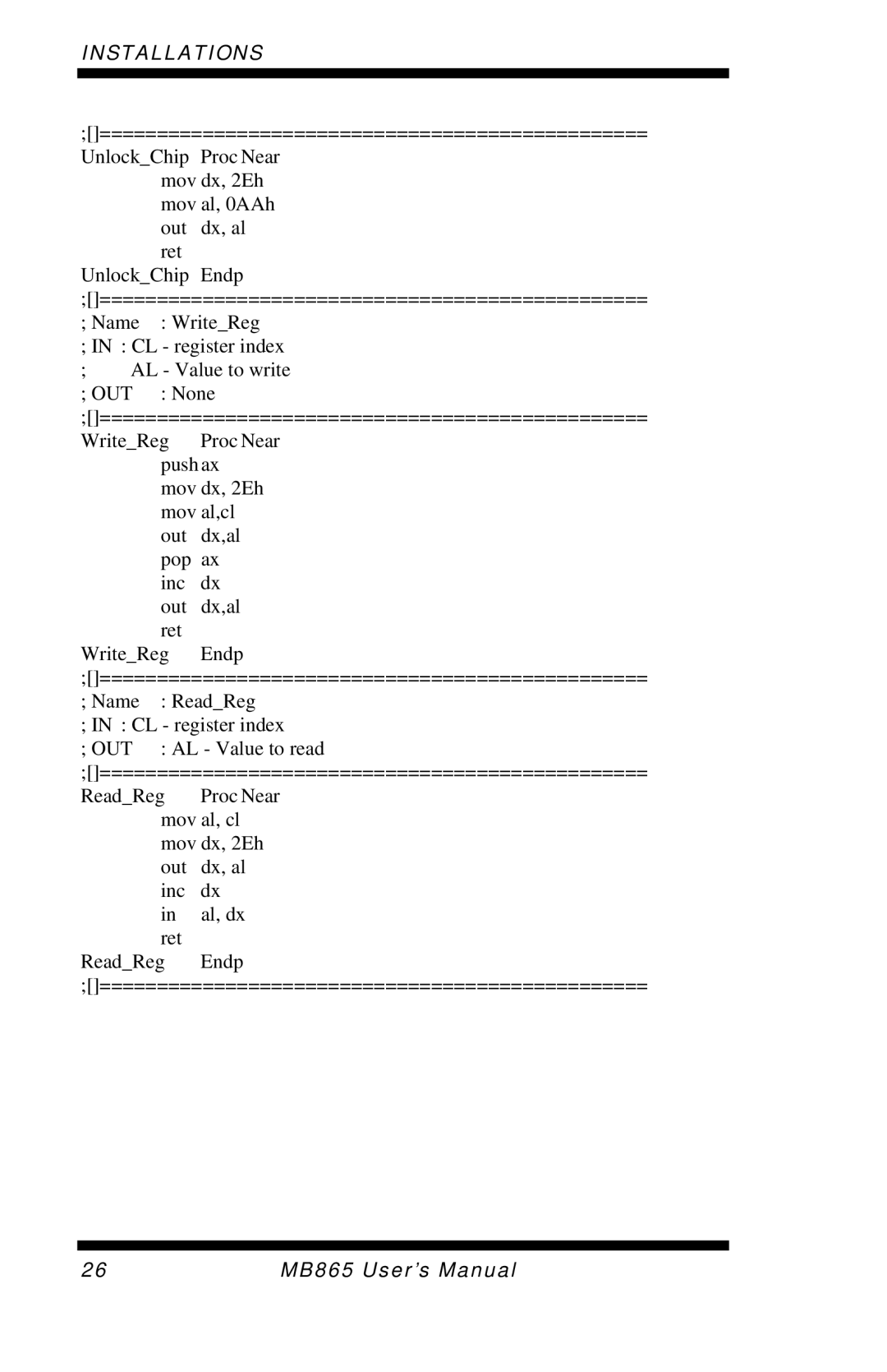 Intel MB865 user manual Mov dx, 2Eh mov al, 0AAh out dx, al ret 