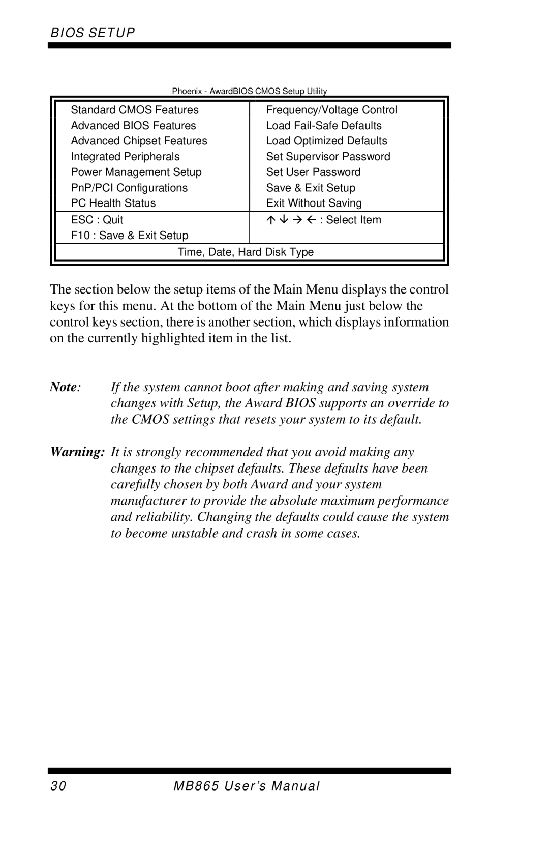 Intel MB865 user manual Phoenix AwardBIOS Cmos Setup Utility 