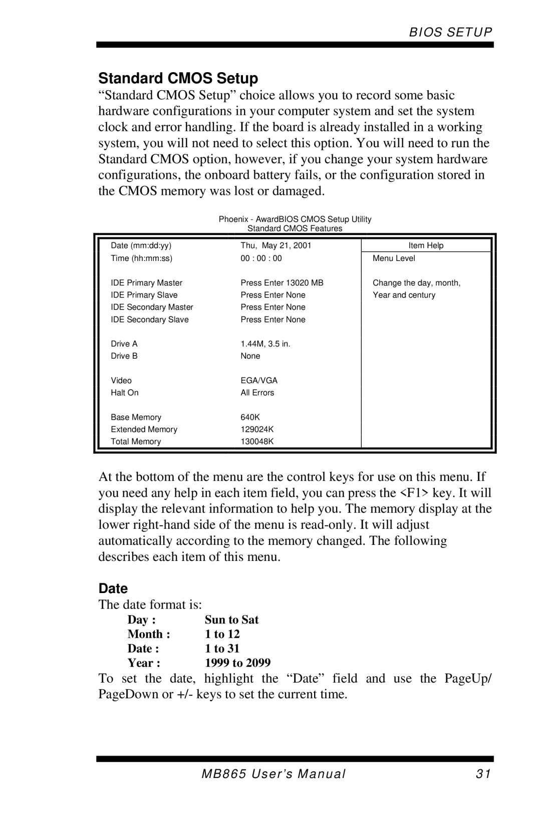 Intel MB865 user manual Standard Cmos Setup, Date 