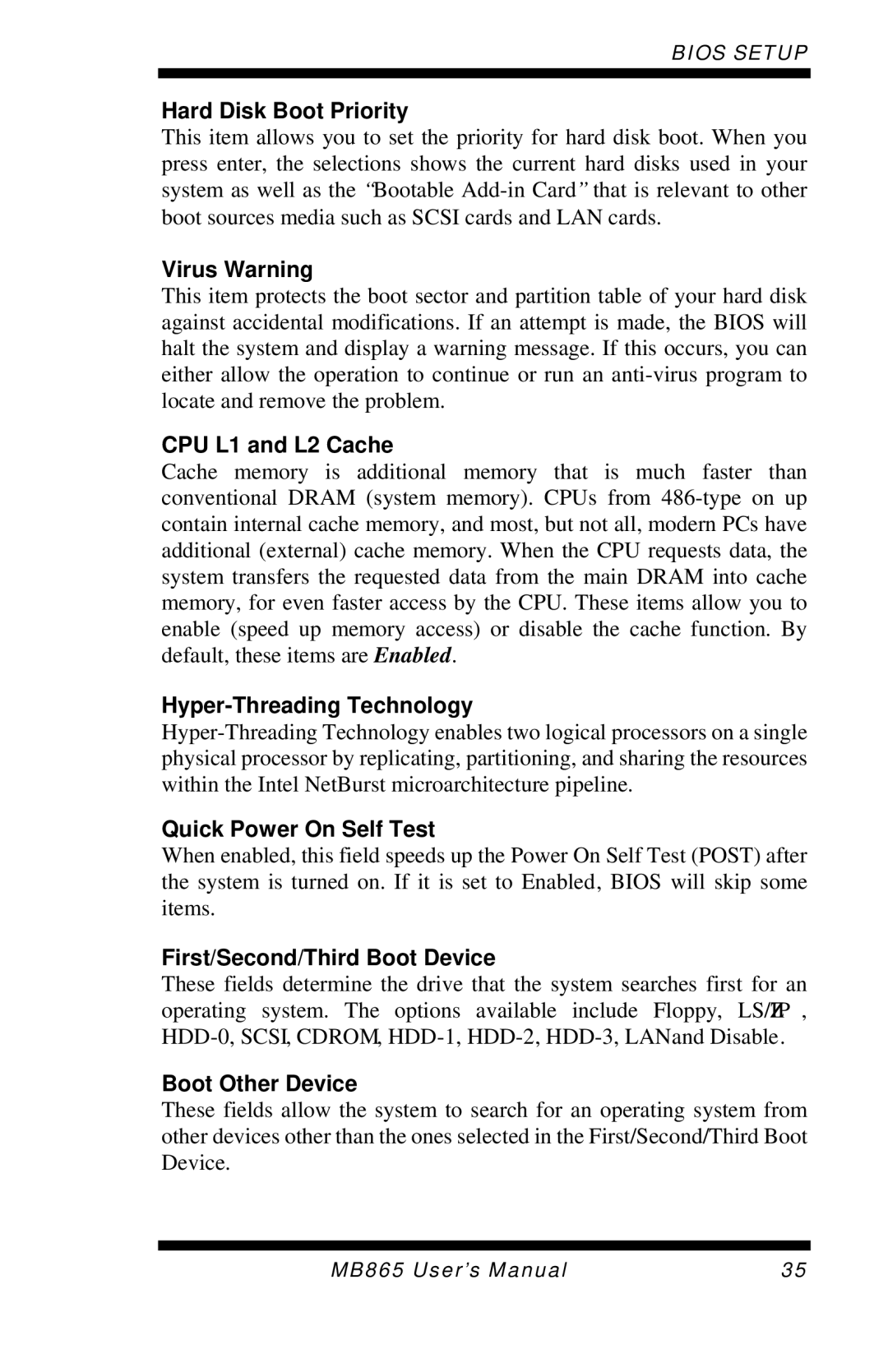 Intel MB865 Hard Disk Boot Priority, Virus Warning, CPU L1 and L2 Cache, Hyper-Threading Technology, Boot Other Device 