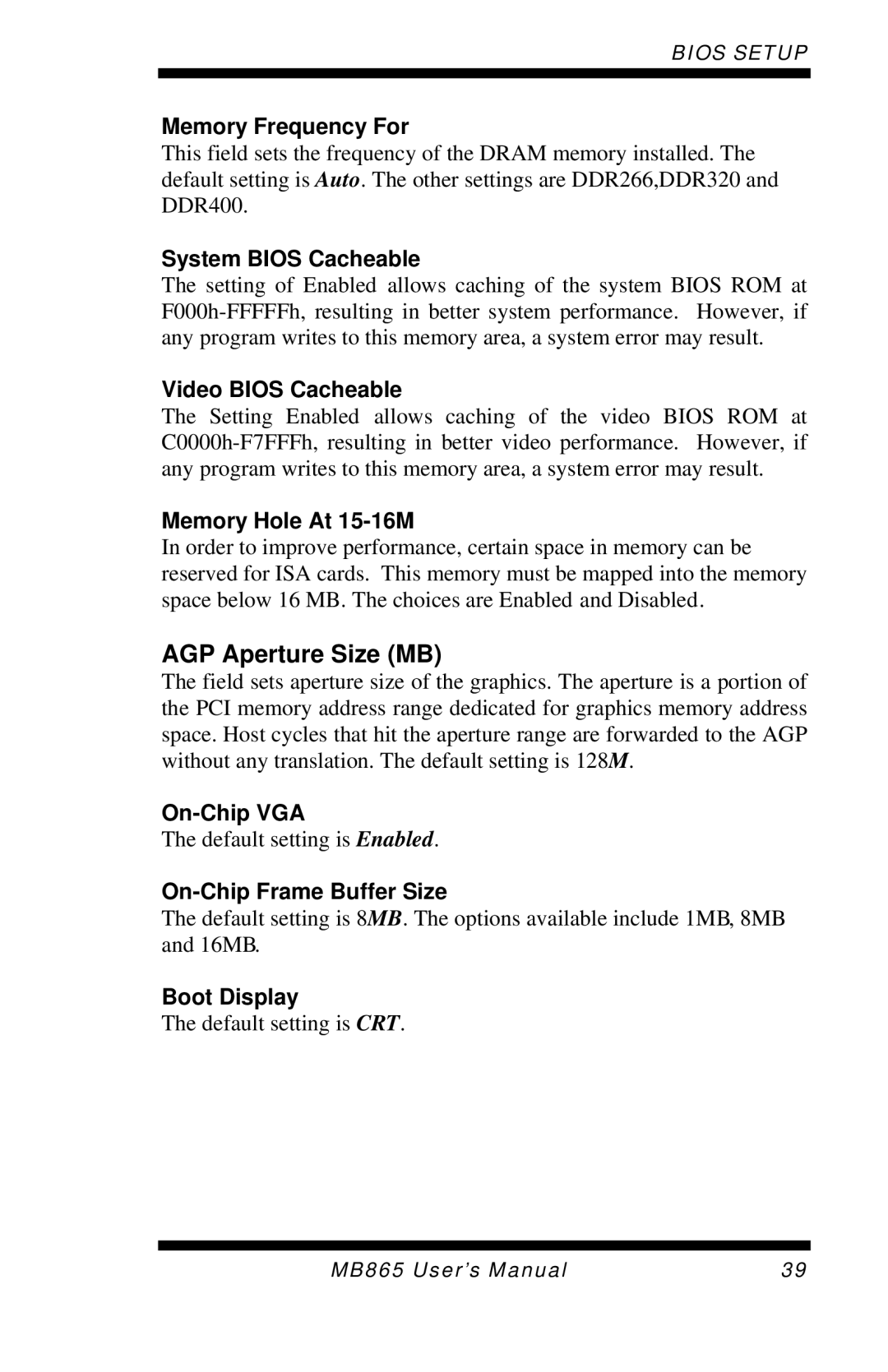 Intel MB865 user manual AGP Aperture Size MB 