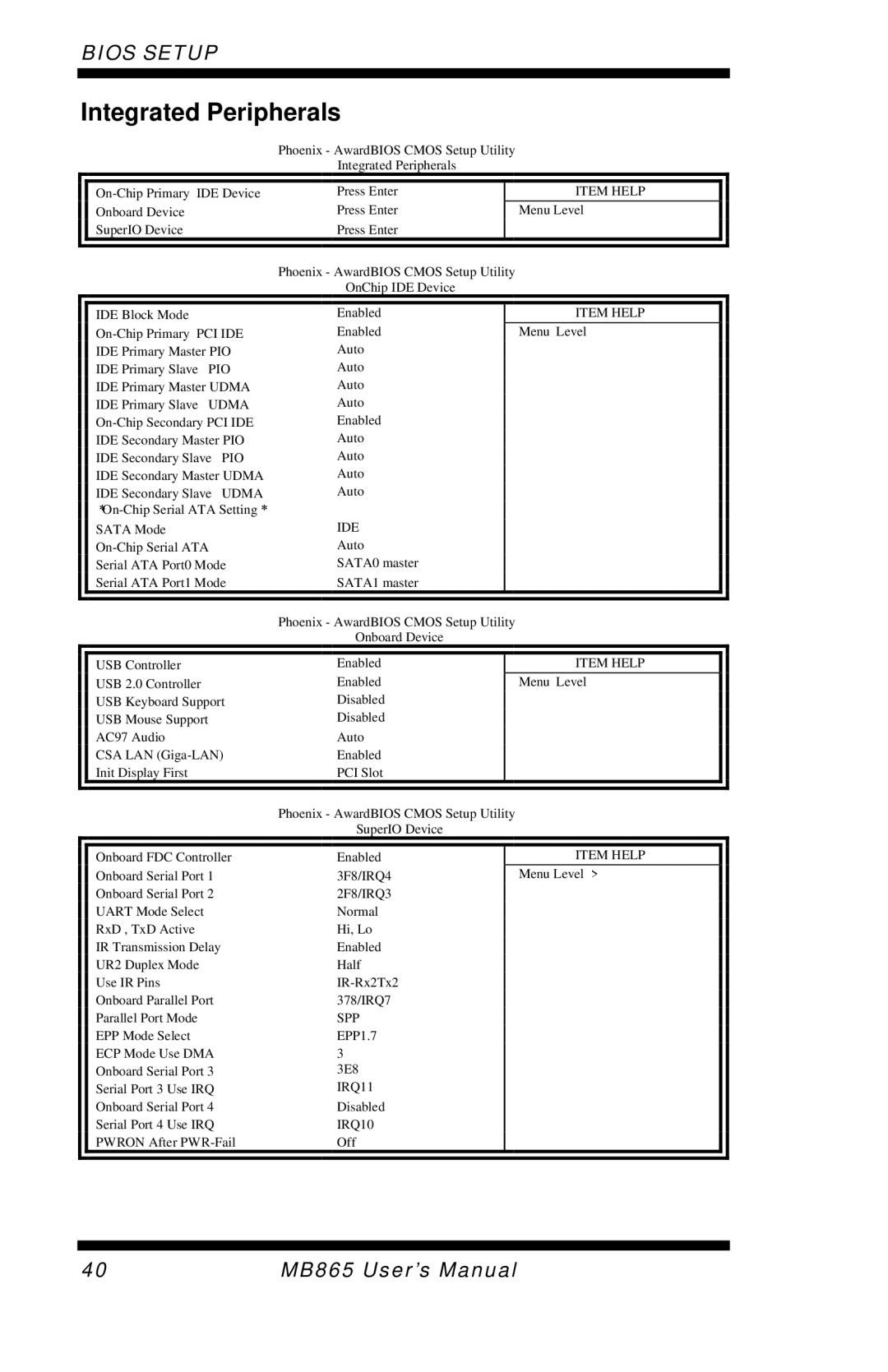 Intel MB865 user manual Integrated Peripherals, Ide 