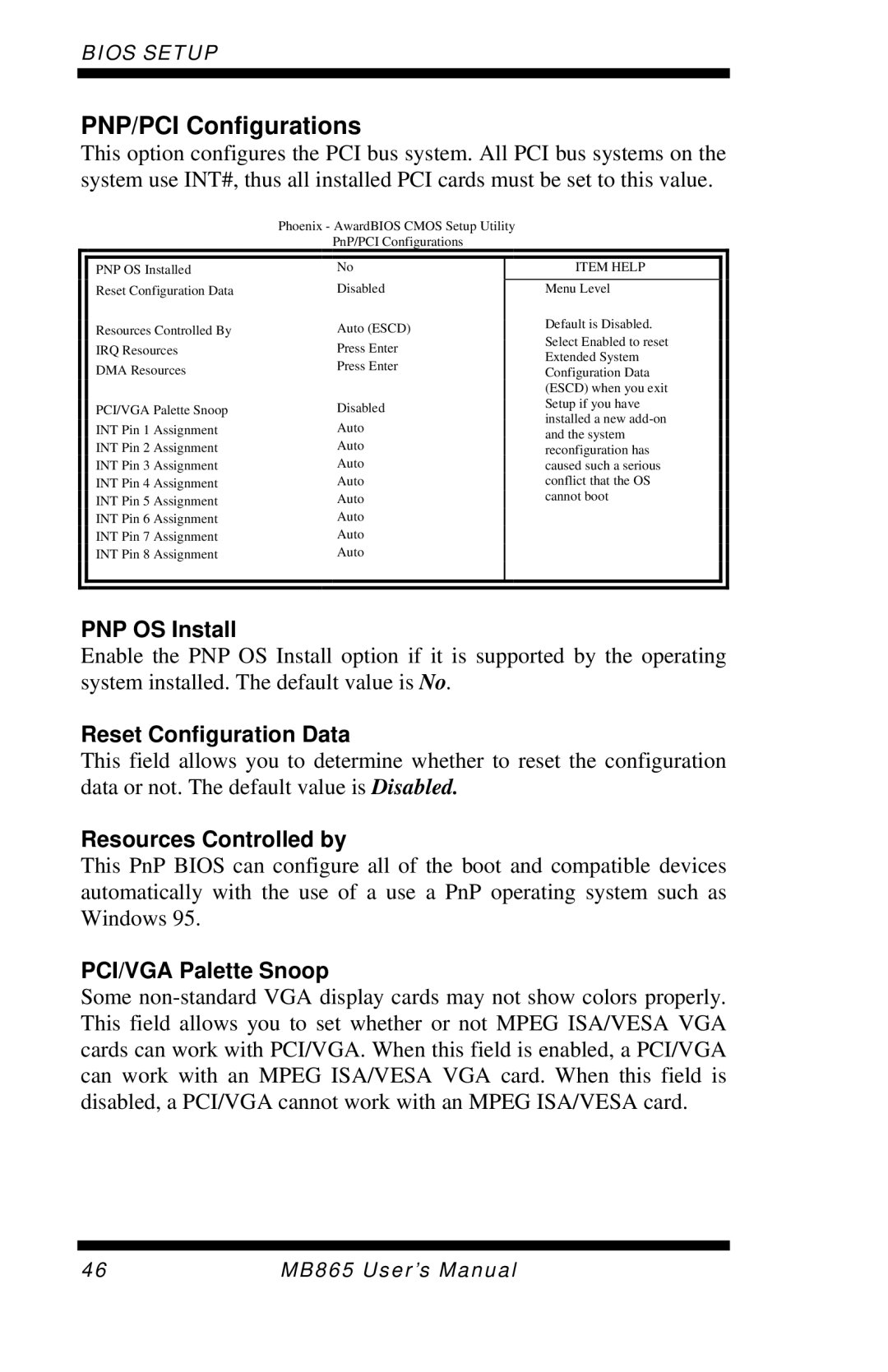 Intel MB865 user manual PNP/PCI Configurations, PNP OS Install, Reset Configuration Data, Resources Controlled by 