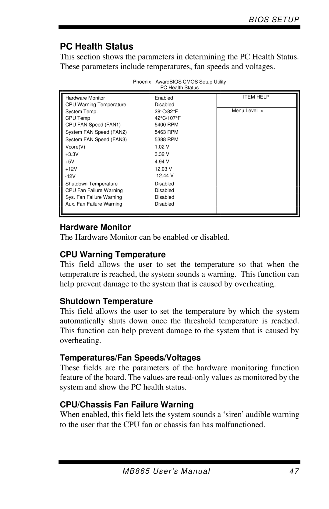 Intel MB865 user manual PC Health Status 