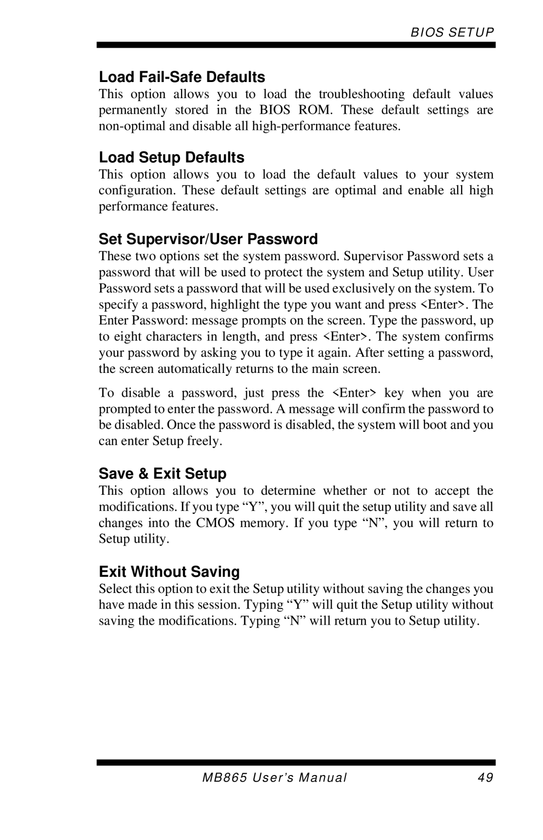 Intel MB865 user manual Load Fail-Safe Defaults, Load Setup Defaults, Set Supervisor/User Password, Save & Exit Setup 