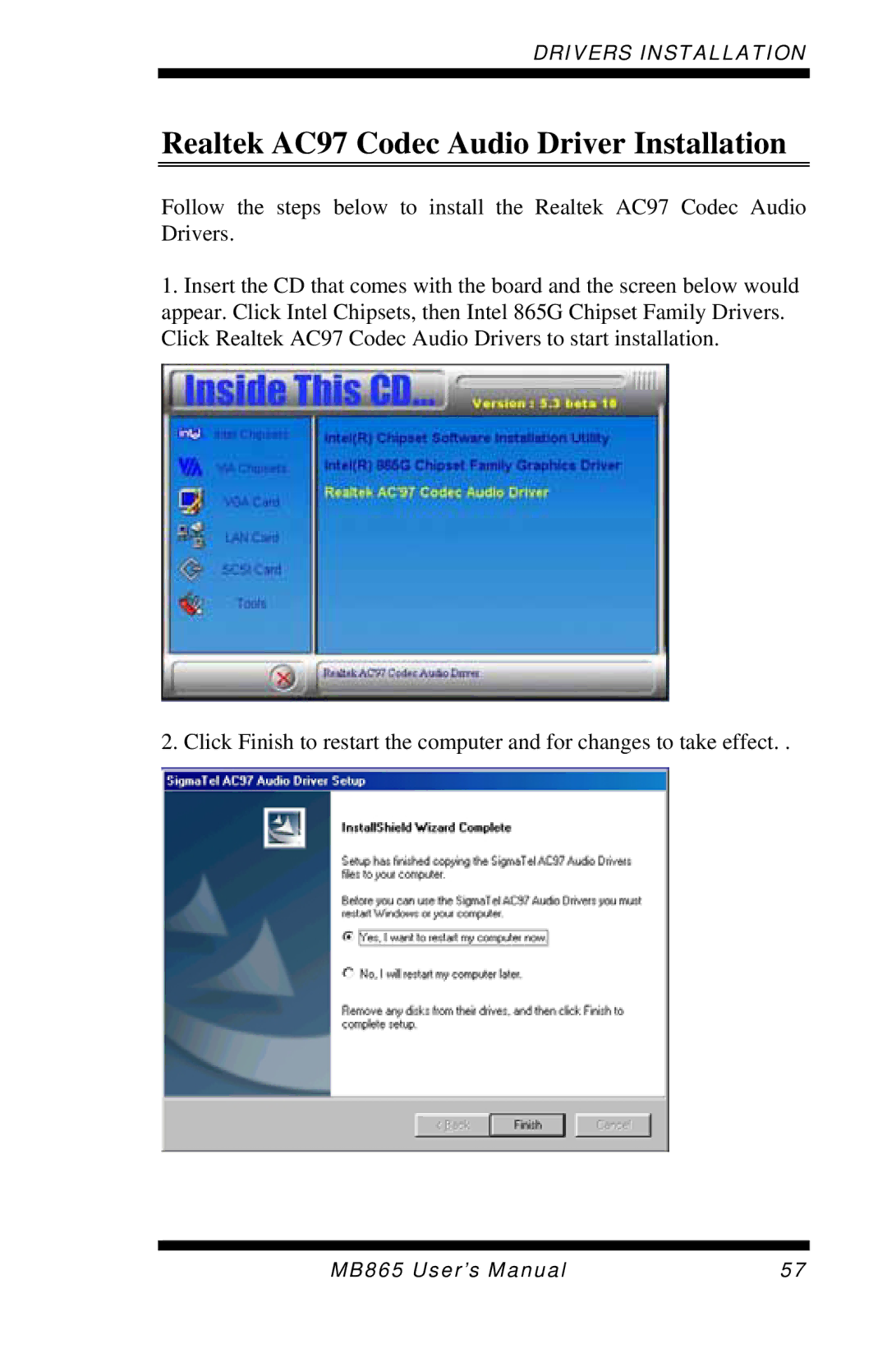 Intel MB865 user manual Realtek AC97 Codec Audio Driver Installation 