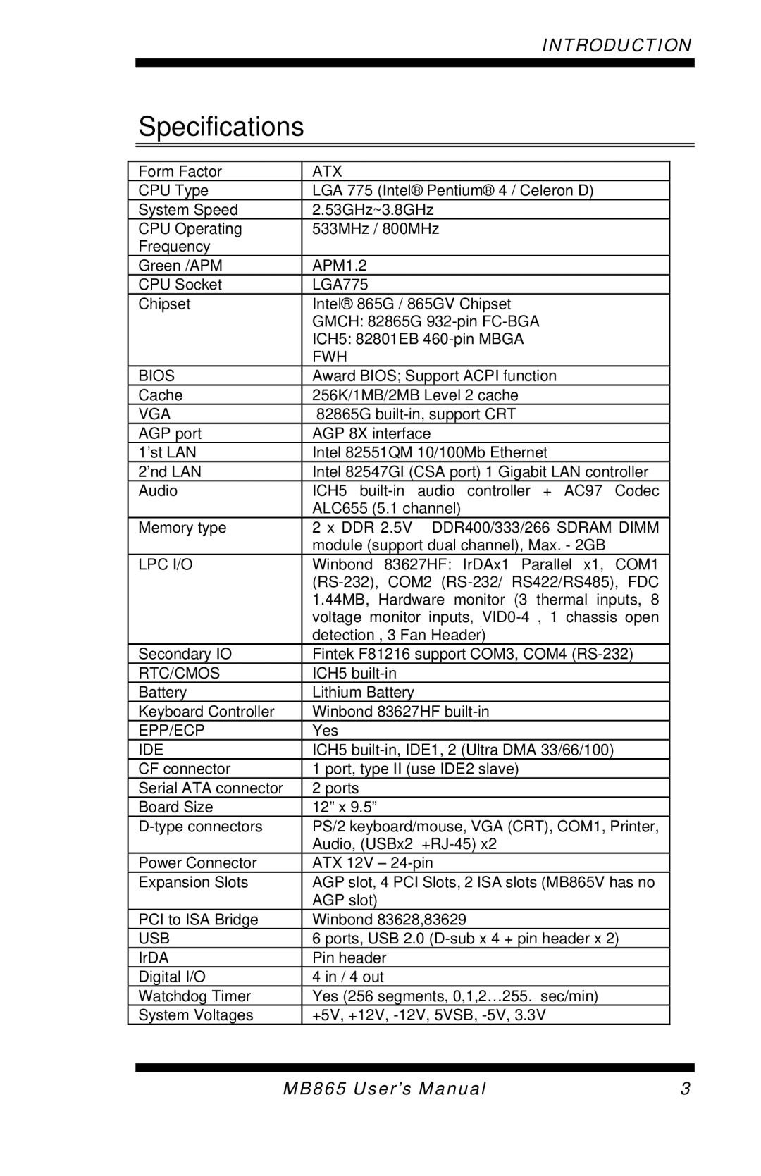 Intel MB865 user manual Specifications, Atx 