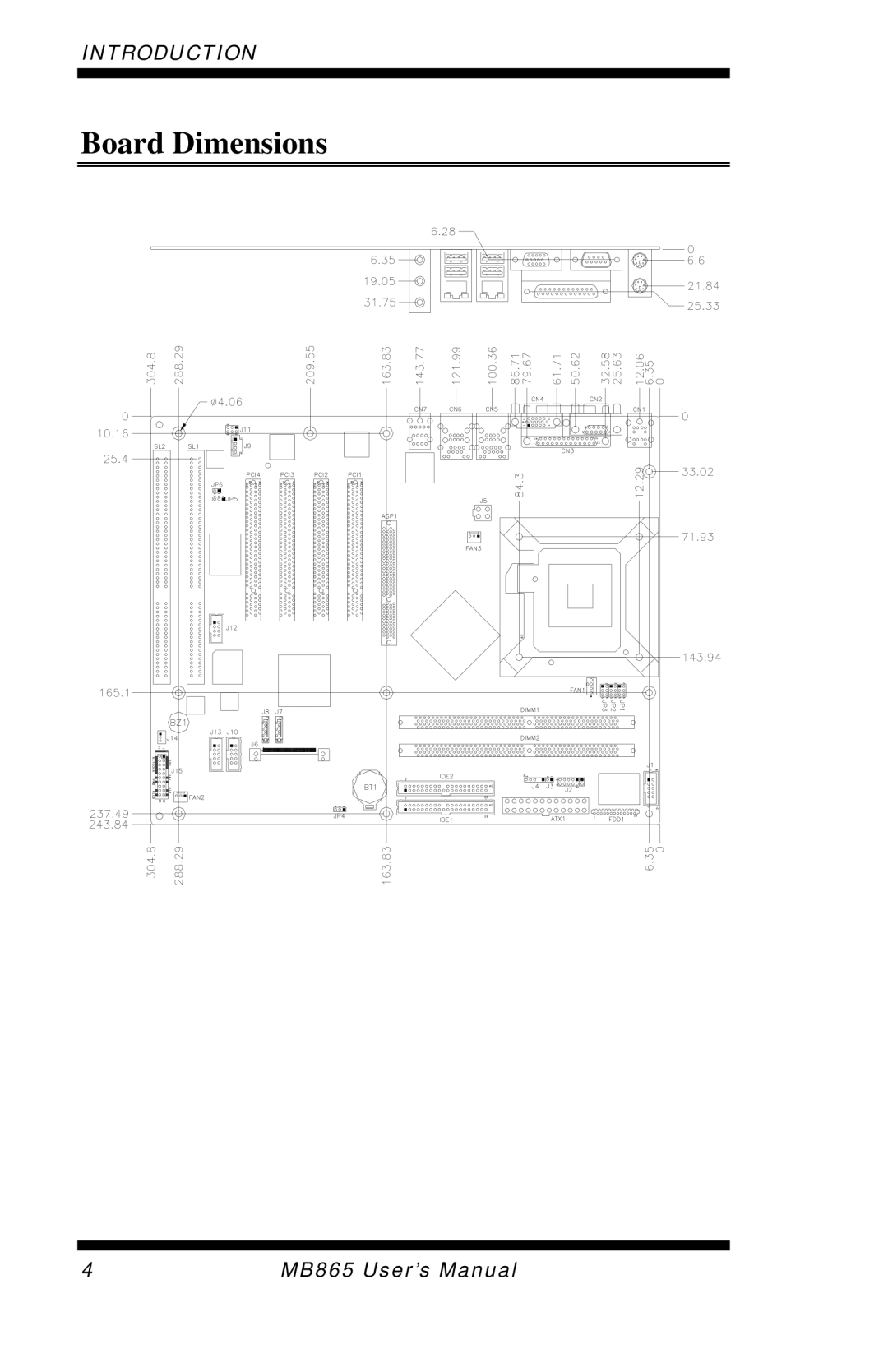 Intel MB865 user manual Board Dimensions 