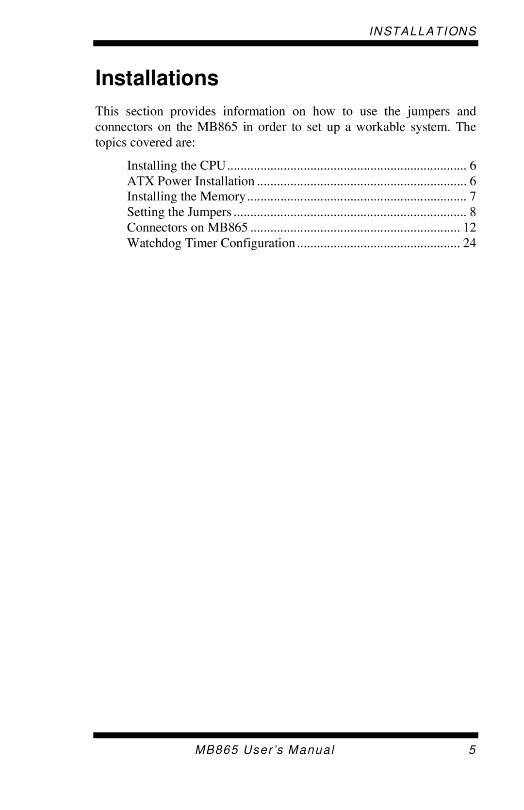 Intel MB865 user manual Installations 