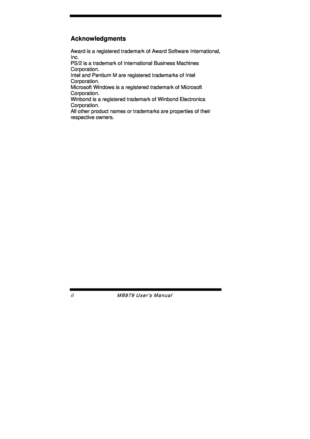 Intel user manual Acknowledgments, MB879 User’s Manual 