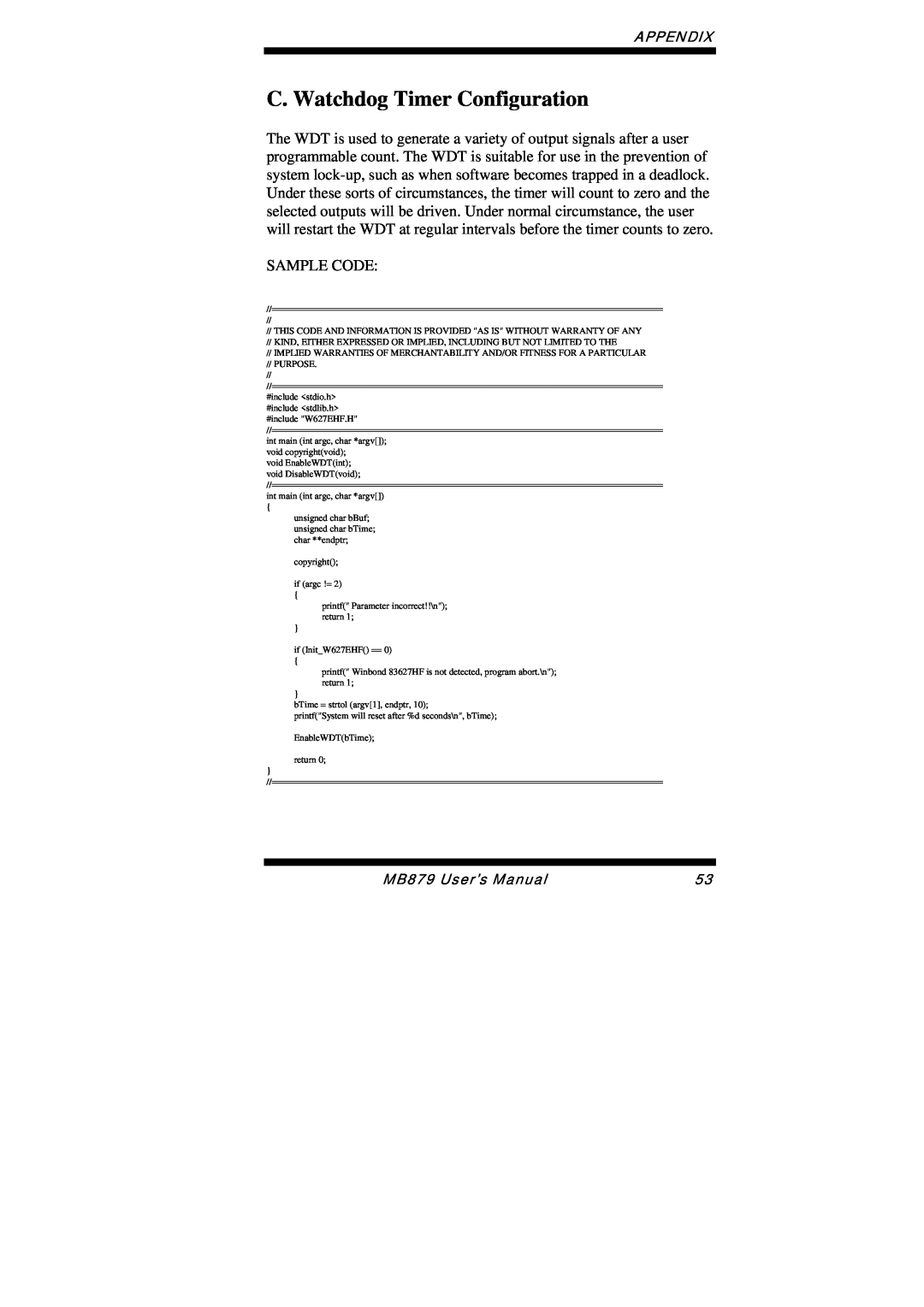 Intel user manual C. Watchdog Timer Configuration, Sample Code, Appendix, MB879 User’s Manual 