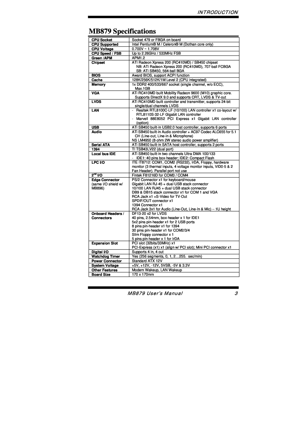 Intel user manual MB879 Specifications, Introduction, MB879 User’s Manual 