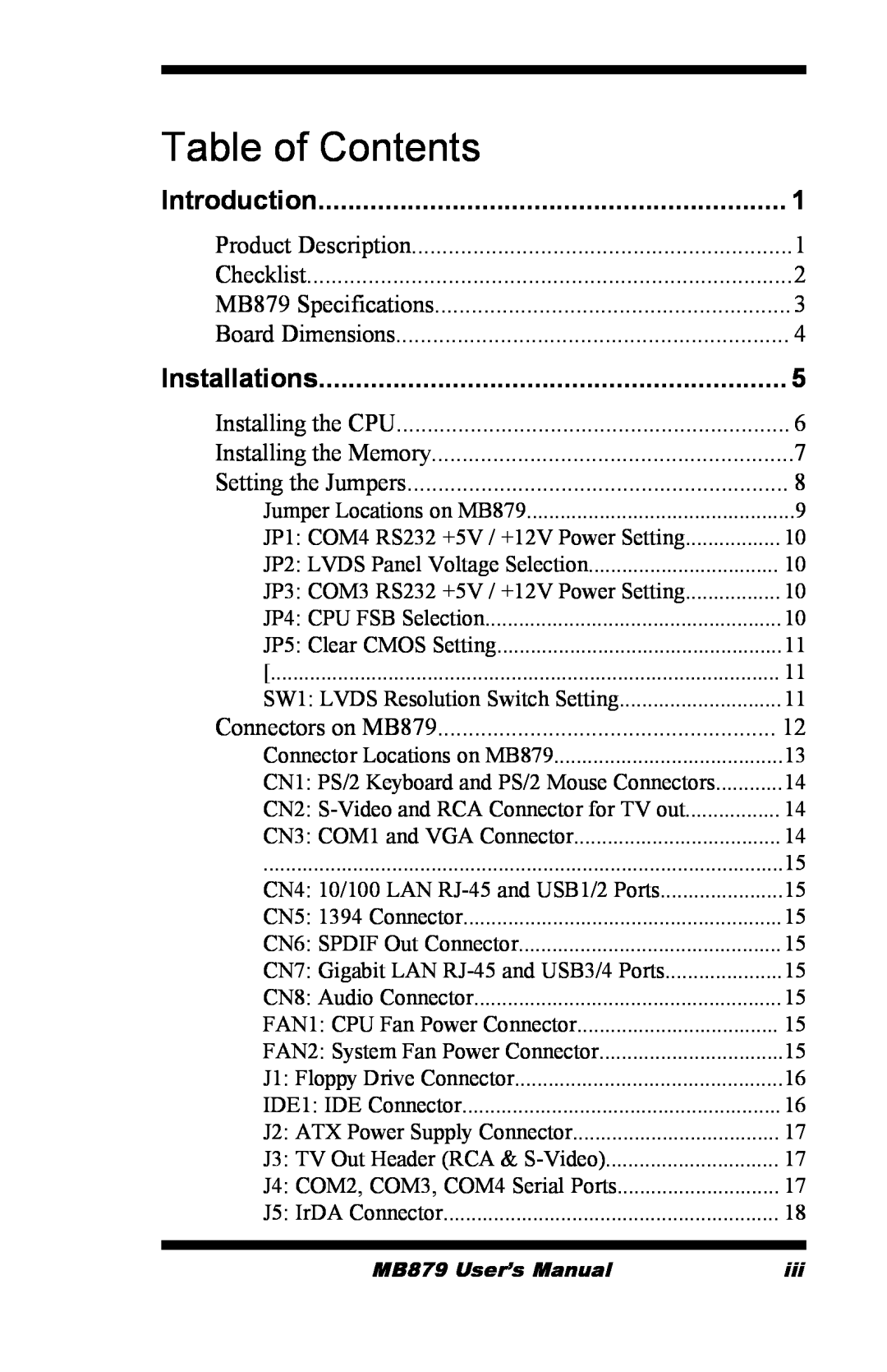Intel MB879 user manual Introduction, Installations, Table of Contents 
