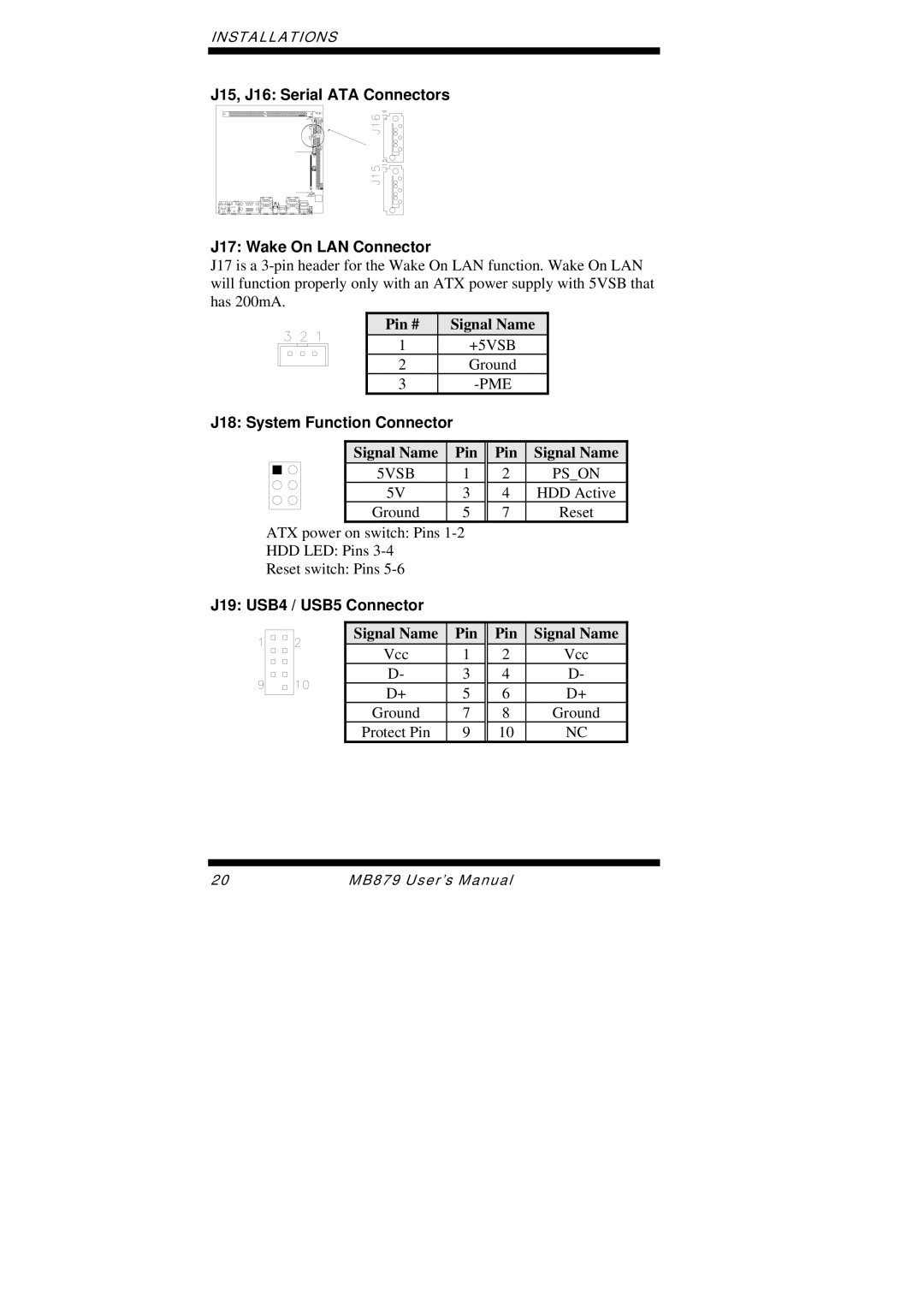 Intel MB879 user manual J15, J16 Serial ATA Connectors J17 Wake On LAN Connector, J18 System Function Connector 