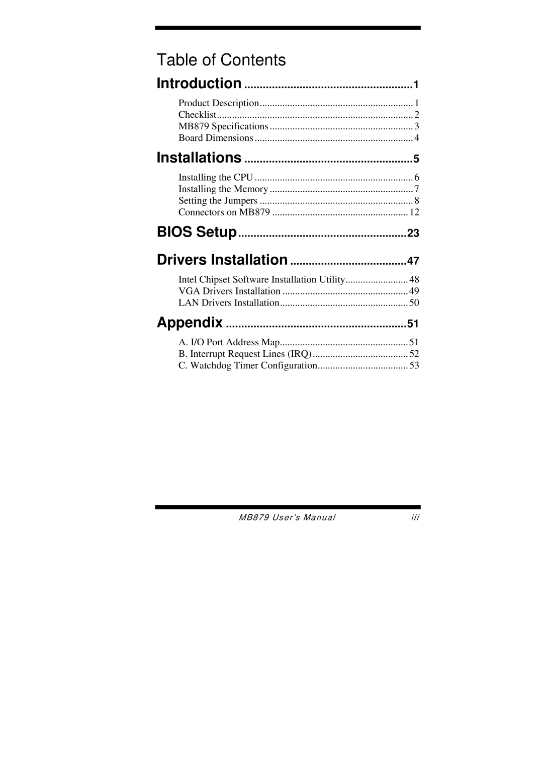 Intel MB879 user manual Table of Contents 