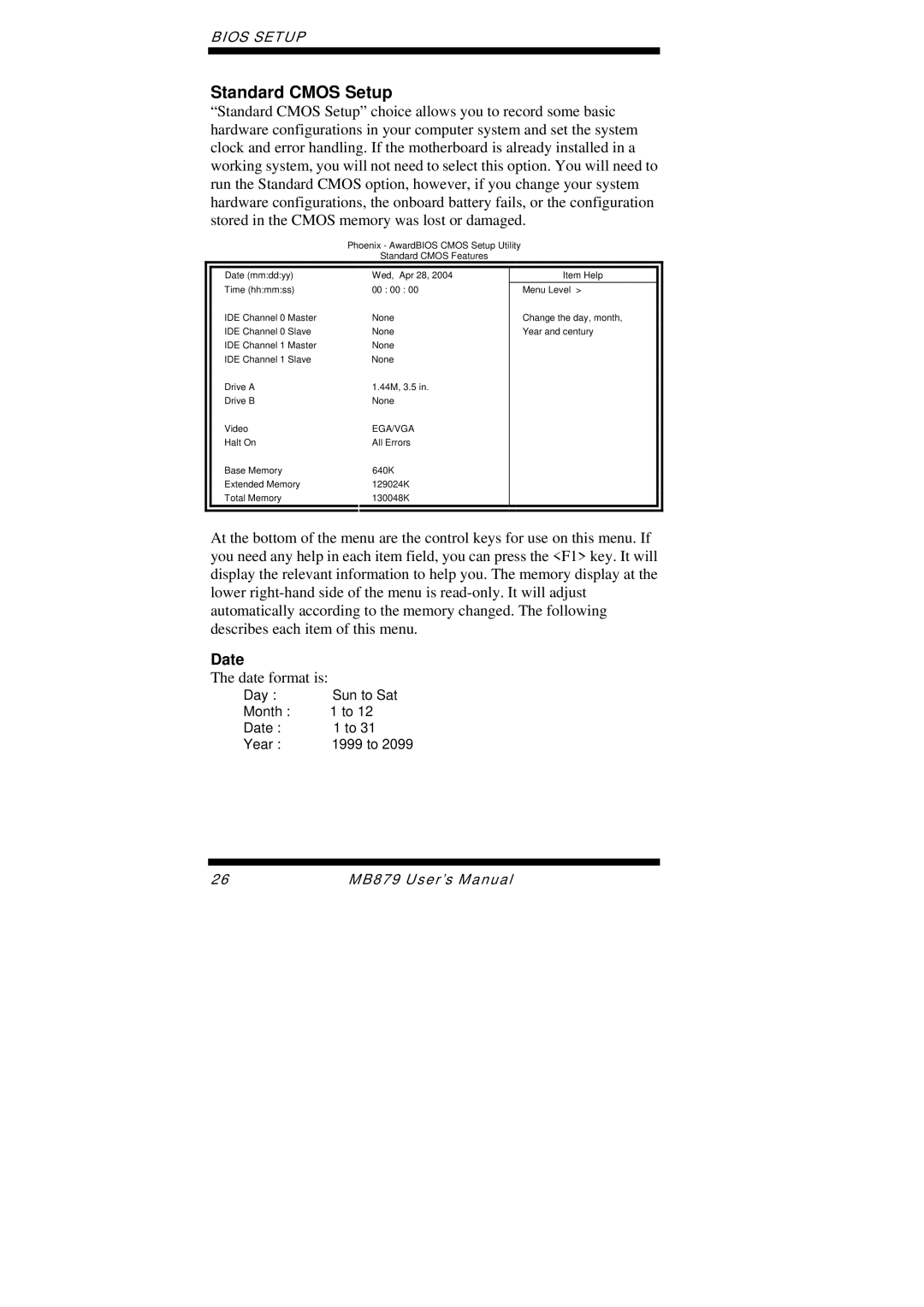 Intel MB879 user manual Standard Cmos Setup, Date 