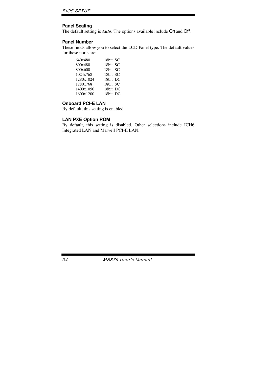 Intel MB879 user manual Panel Scaling, Panel Number, Onboard PCI-E LAN, LAN PXE Option ROM 