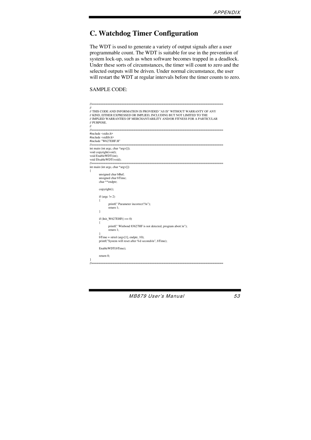 Intel MB879 user manual Watchdog Timer Configuration, Sample Code 