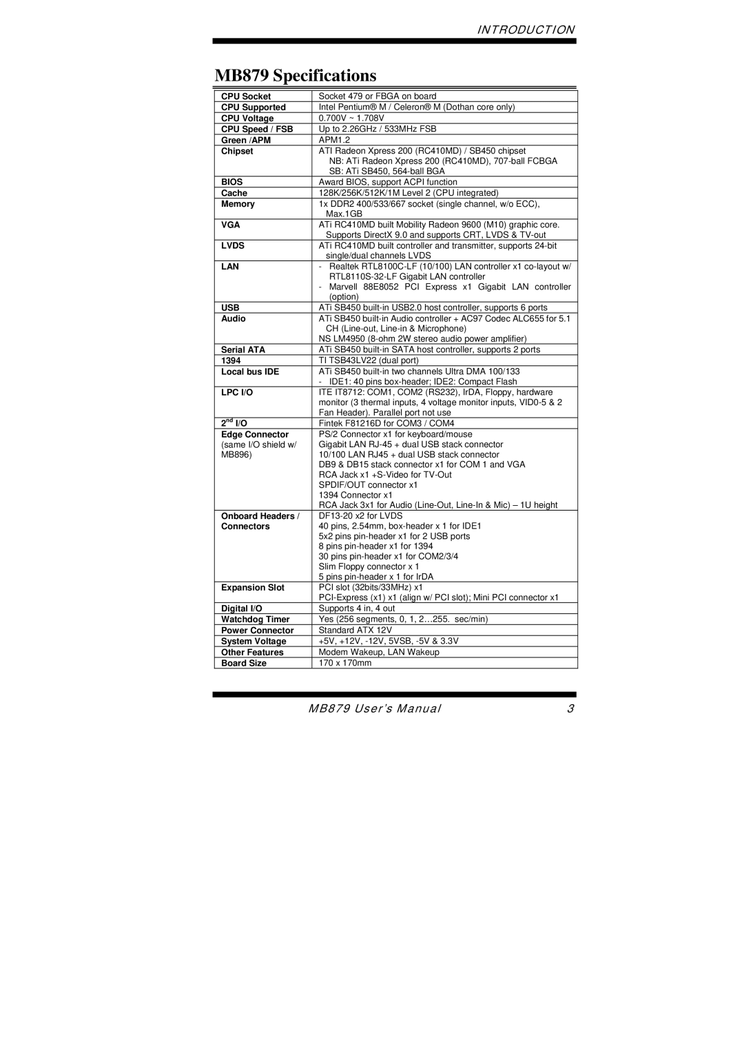 Intel user manual MB879 Specifications, Chipset 