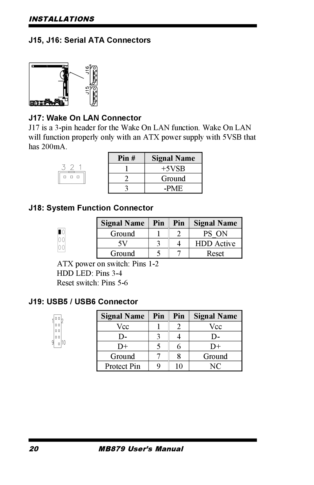 Intel MB879 user manual J15, J16 Serial ATA Connectors J17 Wake On LAN Connector, J18 System Function Connector 